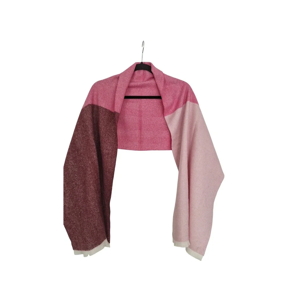 Boden Pink Burgundy Colorblock Herringbone 100% Wool Scarf Wrap Shawl A0774